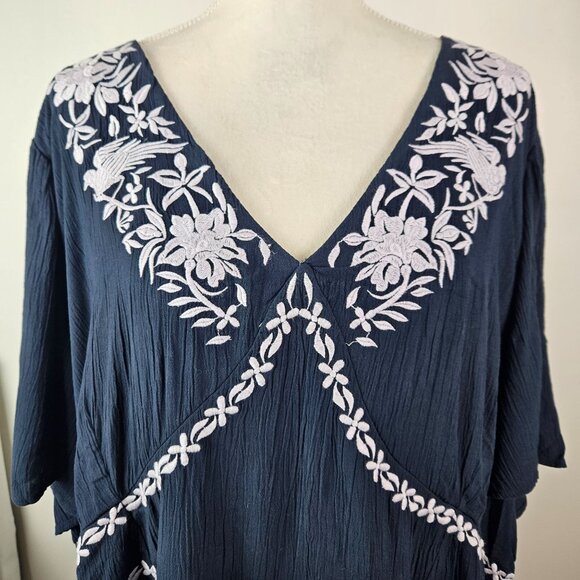 Knox Rose Womens 4X Navy Embroidered Peasant Top Short Flutter Sleeves Casual - Picture 6 of 11